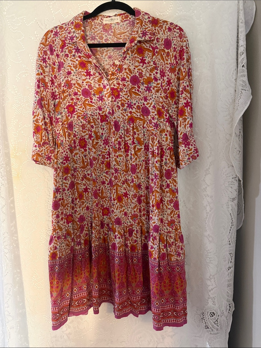 Natural Life Floral Tiered V-Neck Dress in Pink and Orange